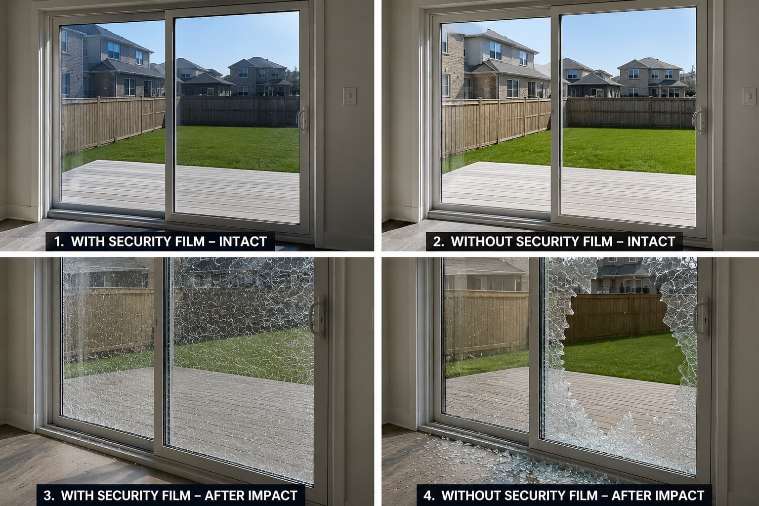 A sliding glass patio door shown four ways: with and without Fortify security film, both intact and after impact. After impact, the filmed glass stays held together in one piece while the unfilmed glass shatters and falls away, leaving an open hole.