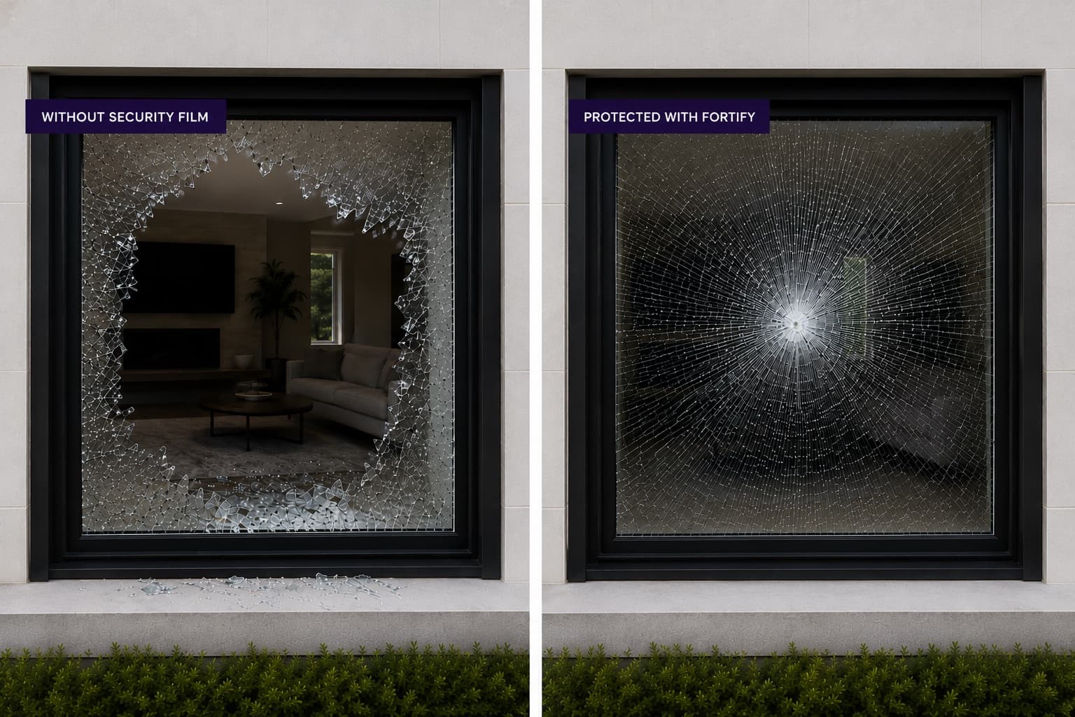 A window without security film after an impact — the glass has shattered and fallen out, leaving an open hole into the room — next to the same window protected with Fortify security film, where the glass has cracked from the impact but held together in one piece with no hole.