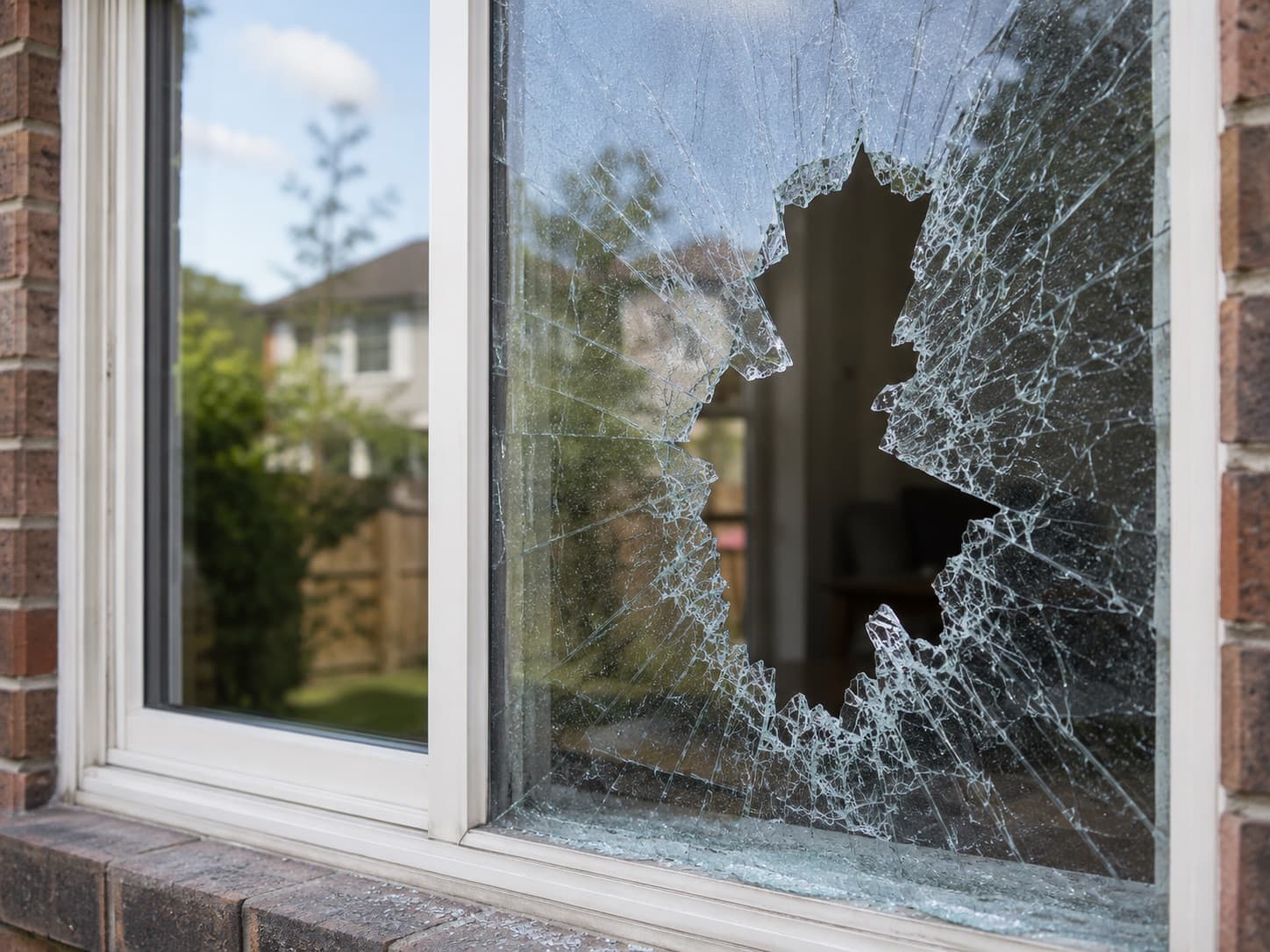 A residential window smashed with a hole punched through the glass, seen from outside a brick home.